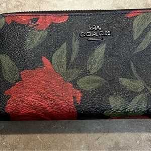Coach Black Wallet with Red Floral Design